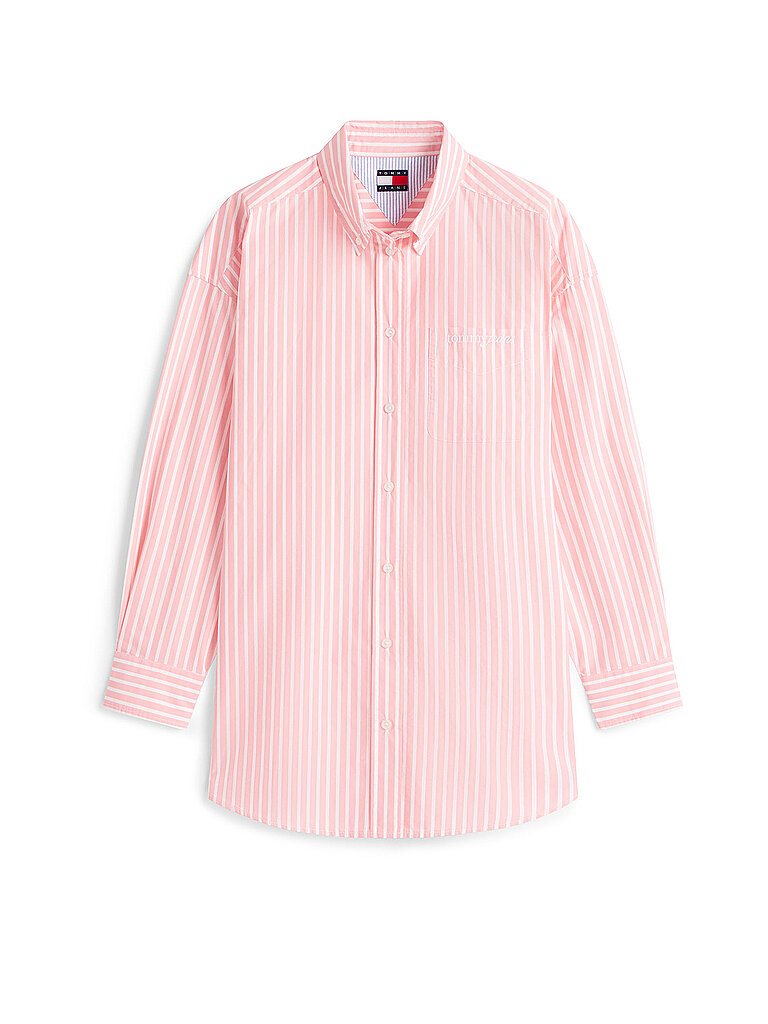 Langarmbluse TOMMY JEANS "TJW OVS POPLIN SHIRT", Damen, Gr. S (36), tropical blush, stripe, Web, Obermaterial: 65% Baumwolle, 35% Nylon, gestreift, regular fit normal, Manschette, Blusen, mit modischen Streifen
